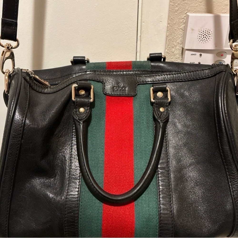 Gucci Black Leather Tote with Green & Red Web Center Stripe
